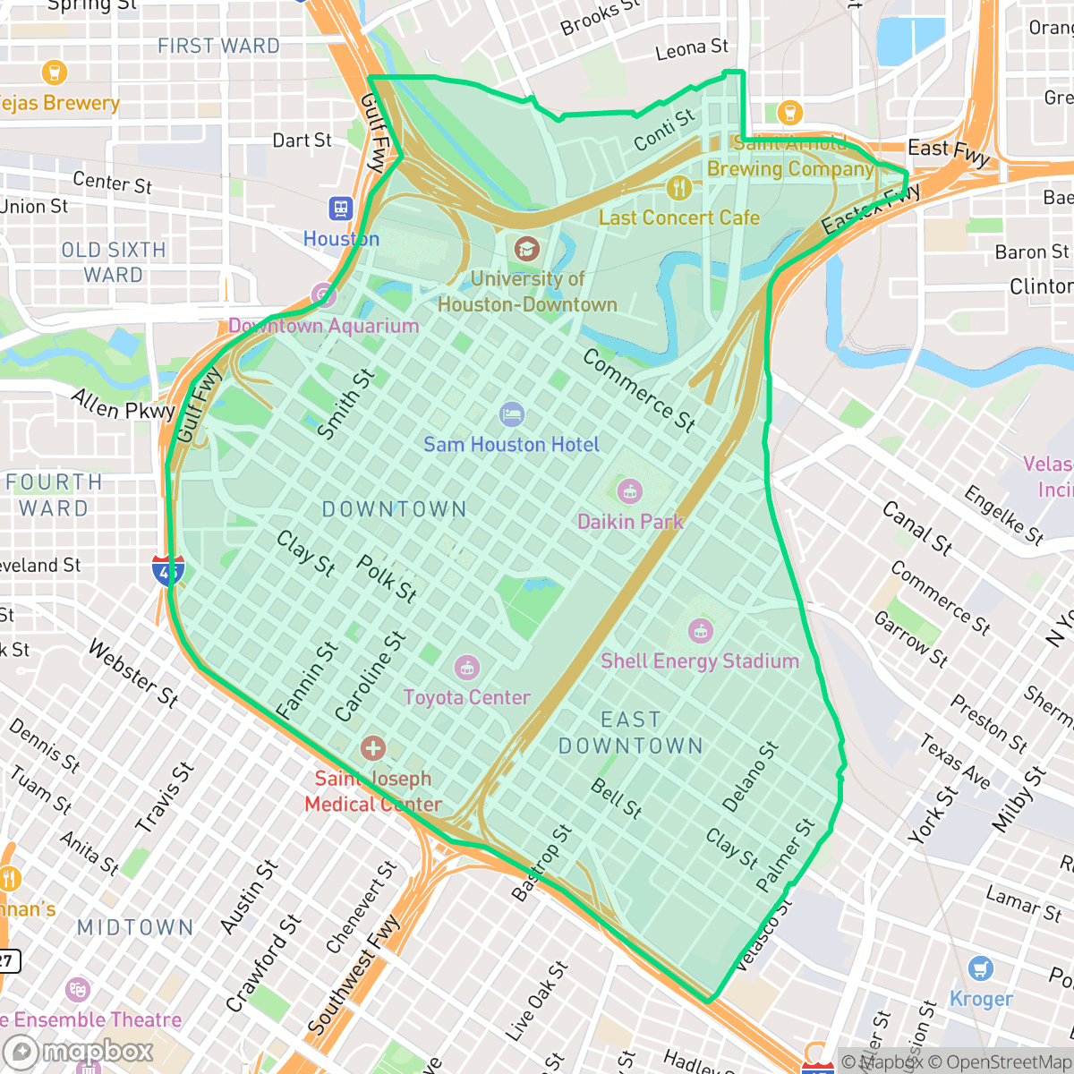 Map showing the location of Downtown, Houston, TX