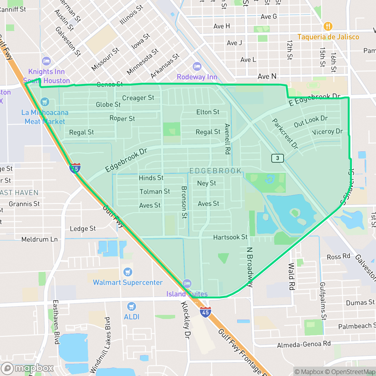 Map showing the location of Edgebrook Area, Houston, TX