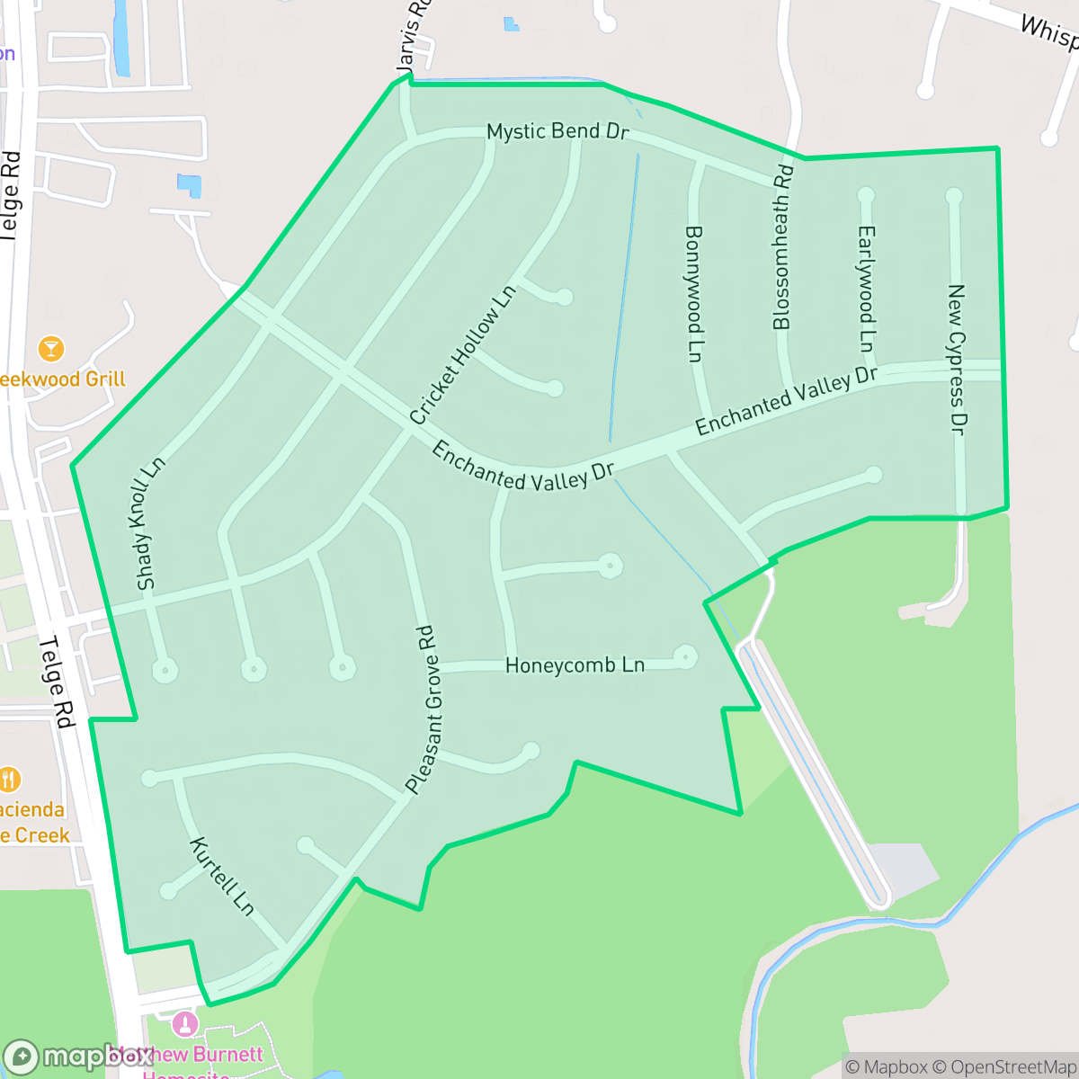 Map showing the location of Enchanted Valley, Houston, TX