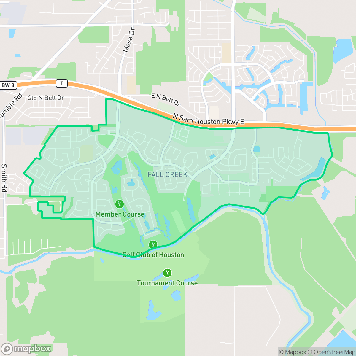 Map showing the location of Fall Creek, Houston, TX