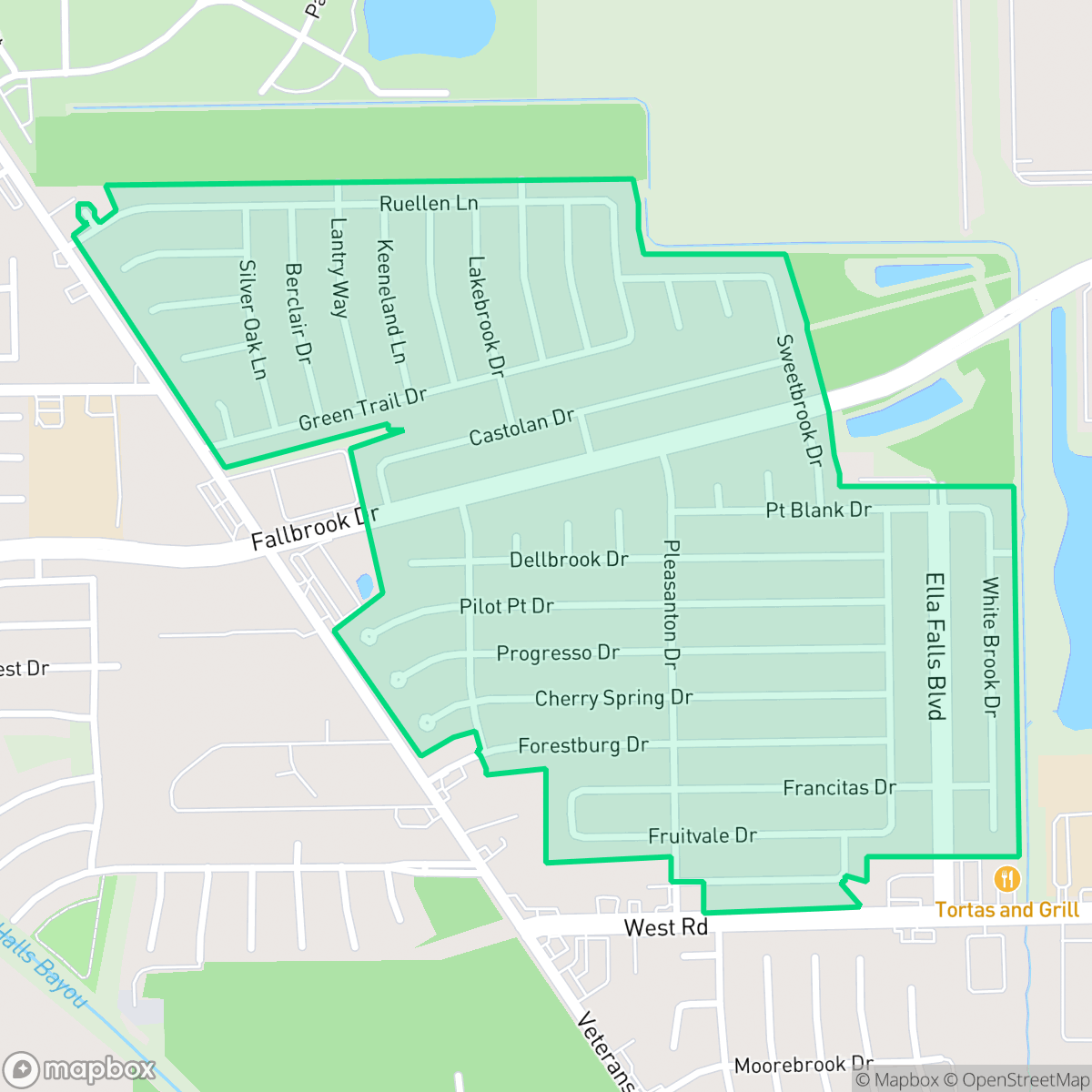 Map showing the location of Fallbrook, Houston, TX