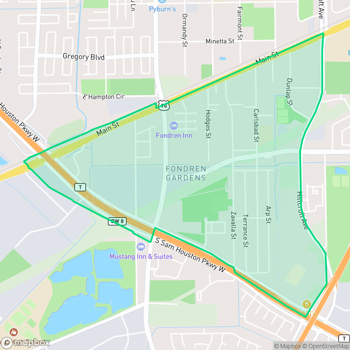 Map showing the location of Fondren Gardens, Houston, TX