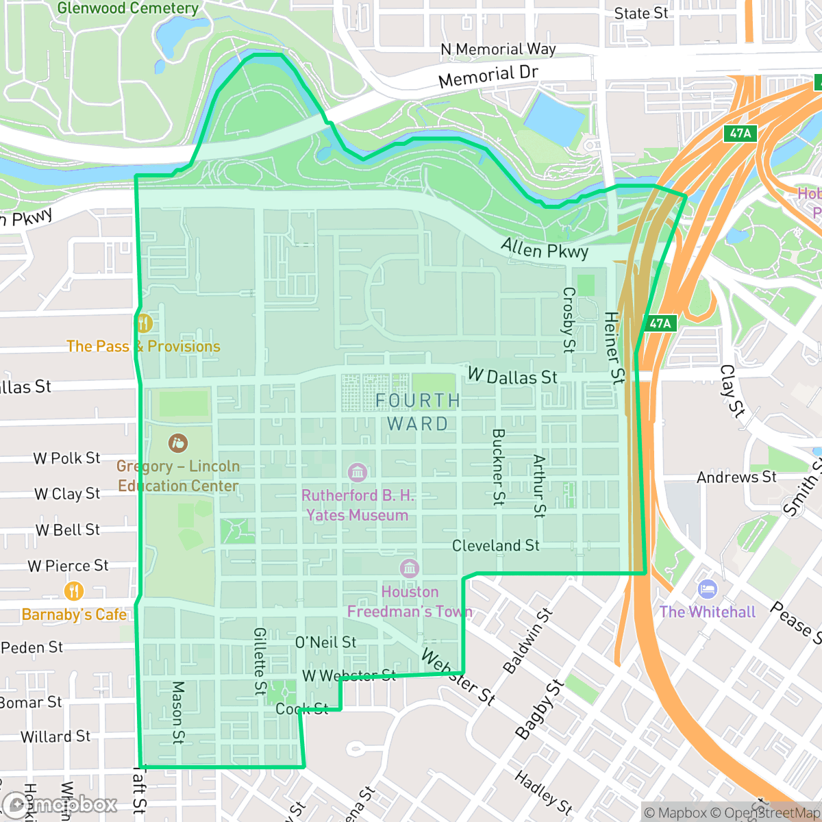 Map showing the location of Fourth Ward, Houston, TX