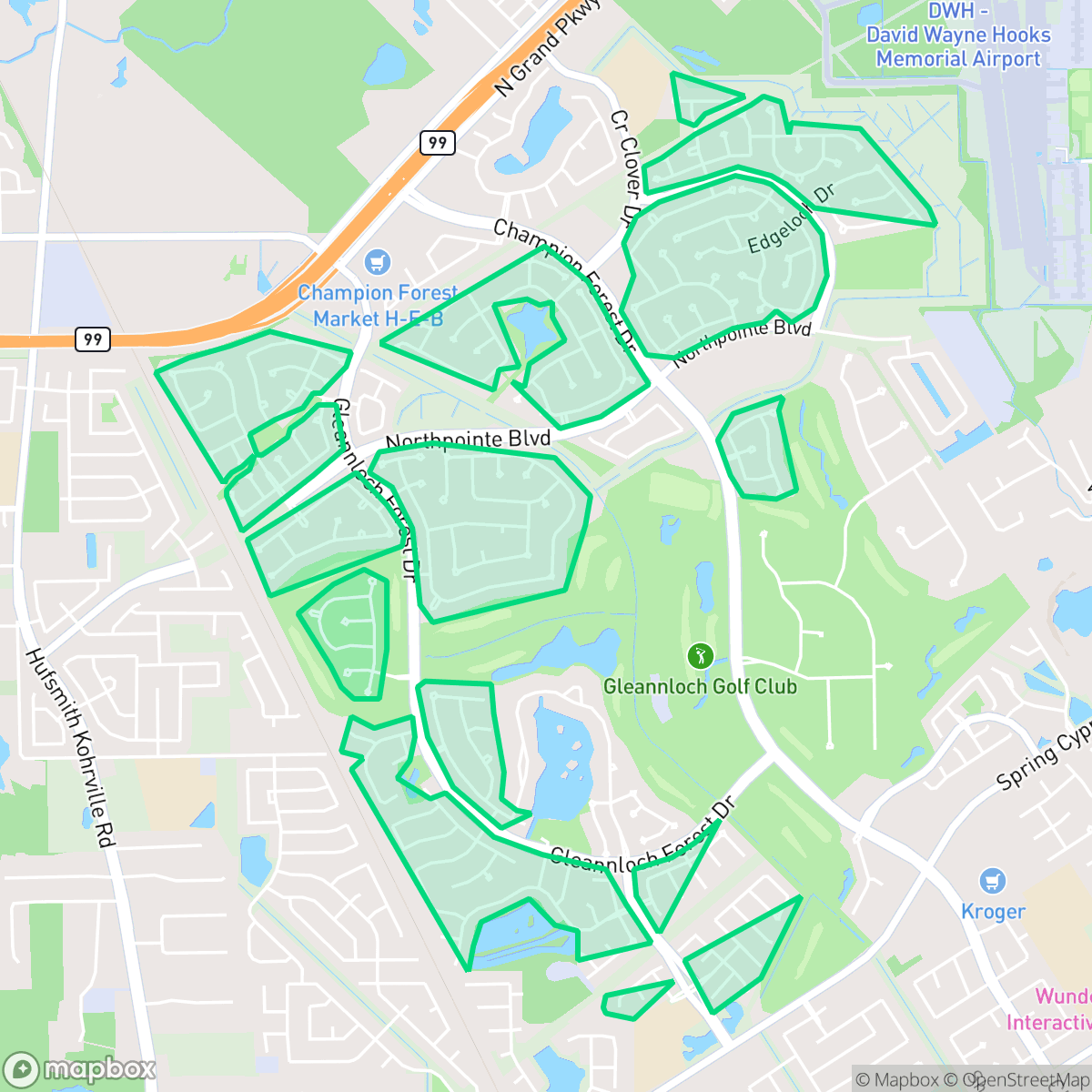Map showing the location of Gleannloch Farms, Houston, TX