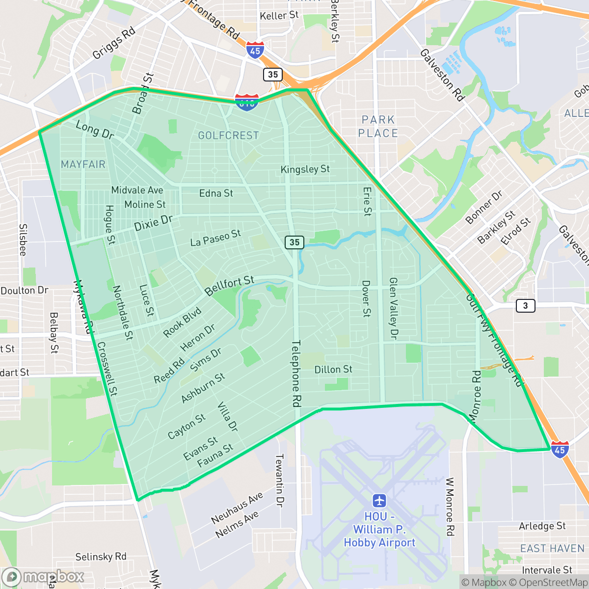 Map showing the location of Golfcrest - Bellfort - Reveille, Houston, TX
