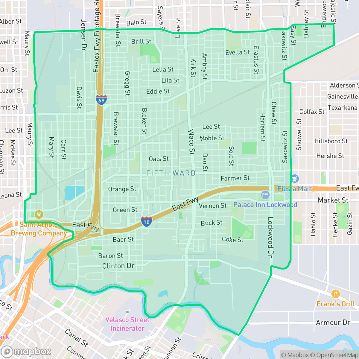Map showing the location of Greater Fifth Ward, Houston, TX