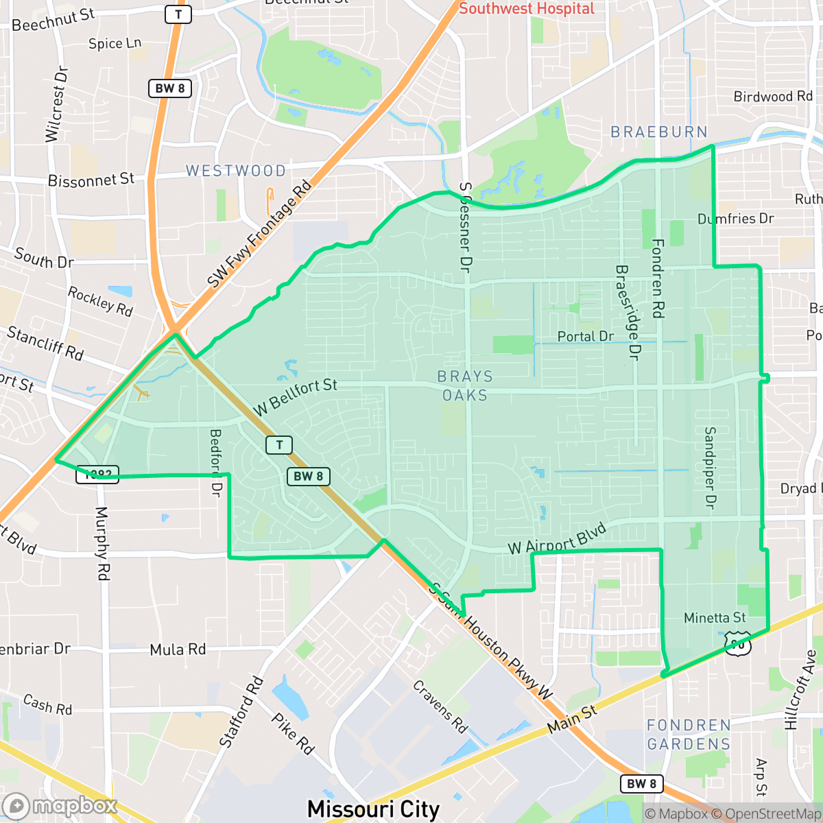 Map showing the location of Greater Fondren Southwest, Houston, TX