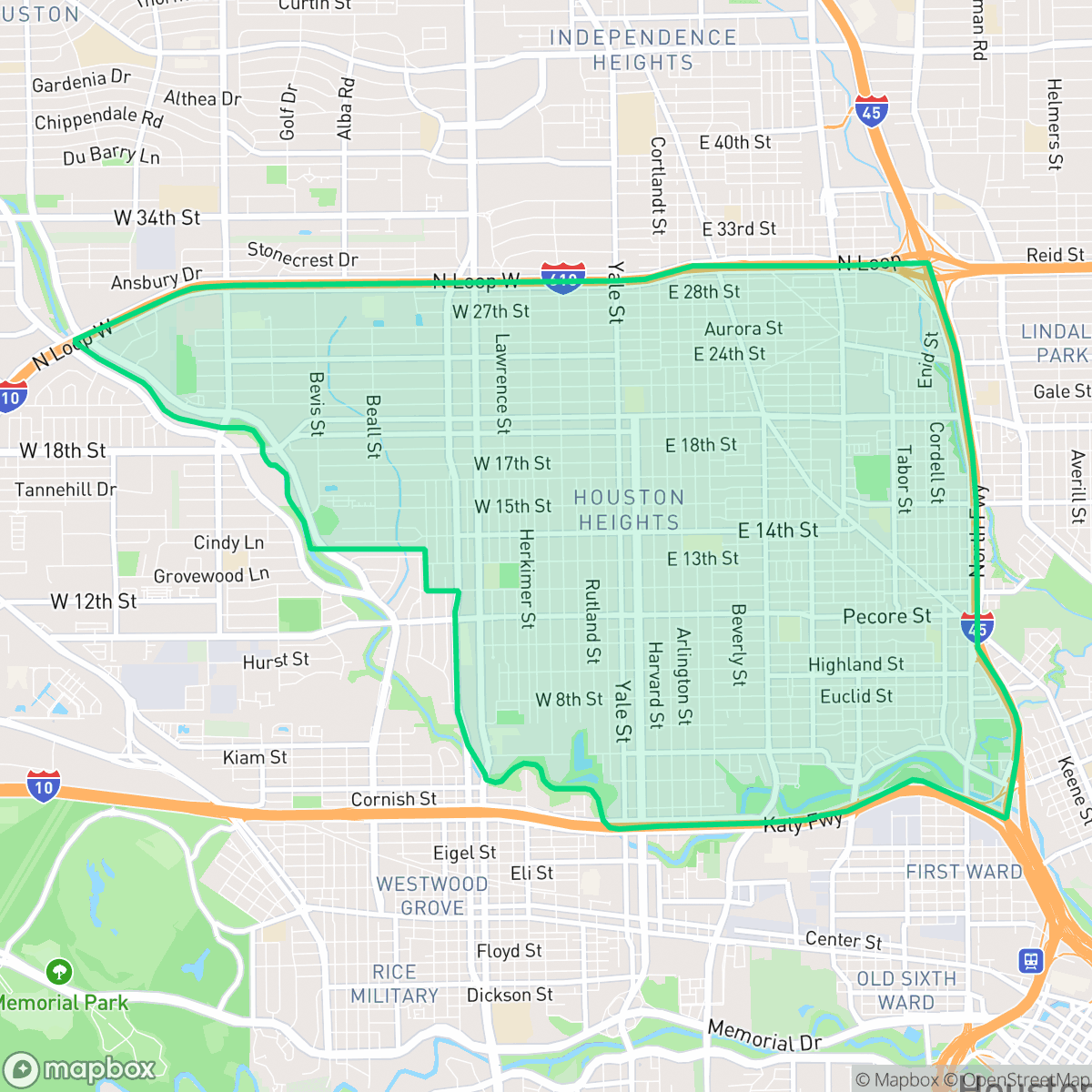 Map showing the location of Greater Heights, Houston, TX