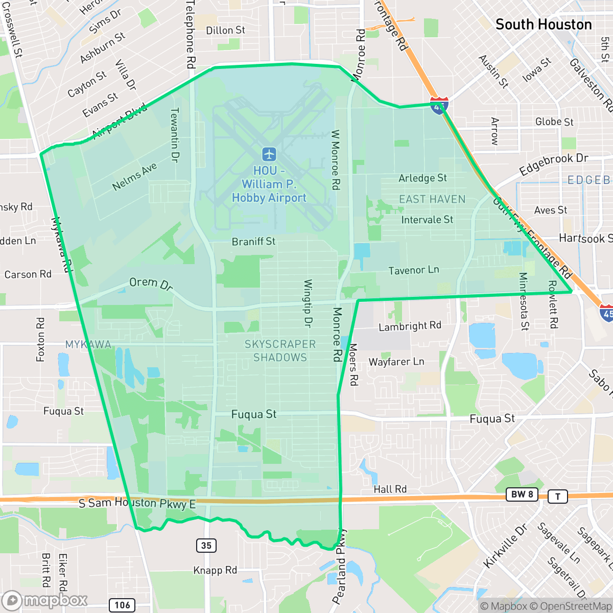 Map showing the location of Greater Hobby Area, Houston, TX