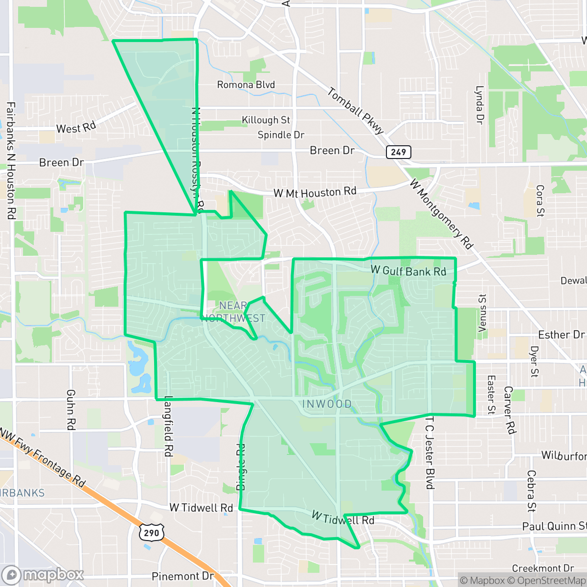 Map showing the location of Greater Inwood, Houston, TX