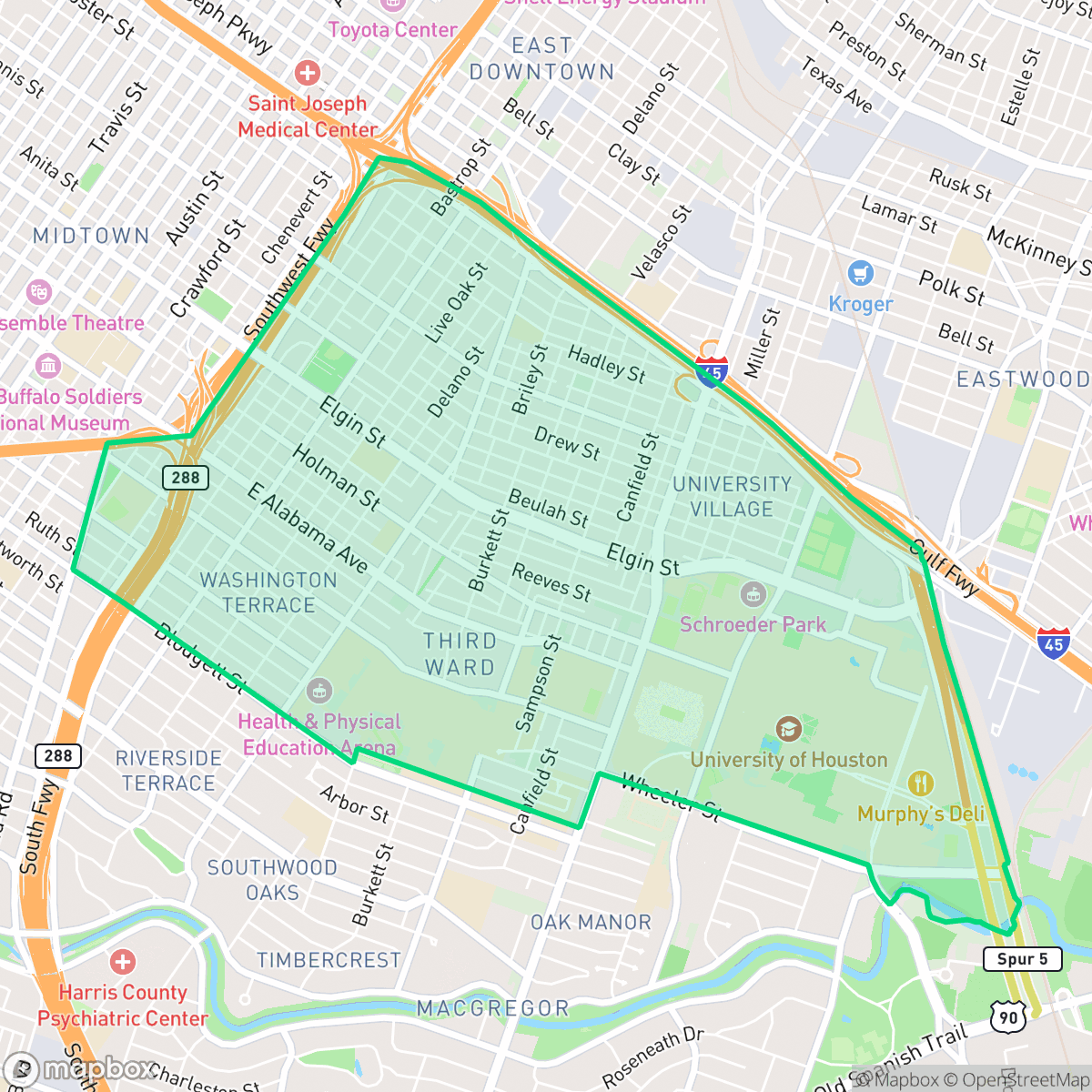 Map showing the location of Greater Third Ward, Houston, TX