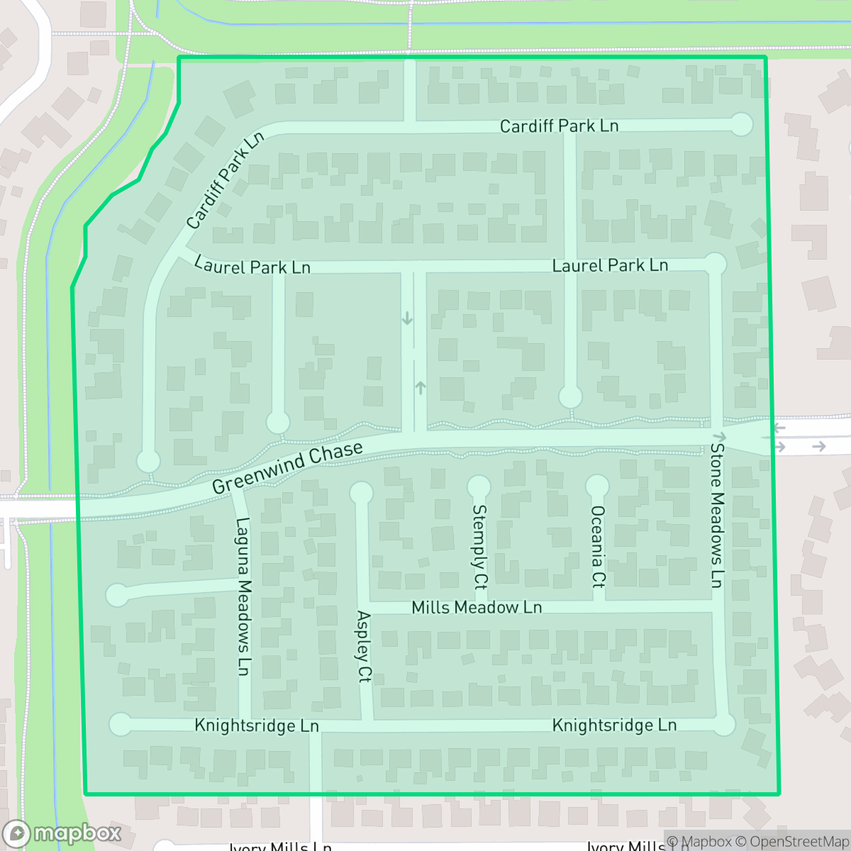 Map showing the location of Green Trails Village, Houston, TX