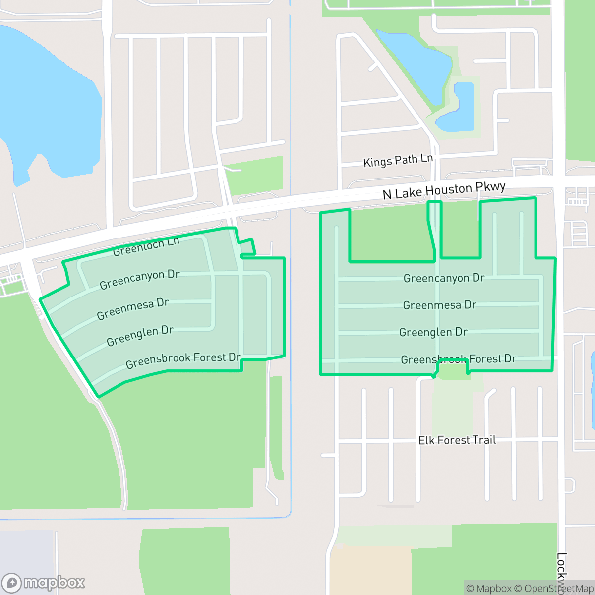 Map showing the location of Greensbrook, Houston, TX