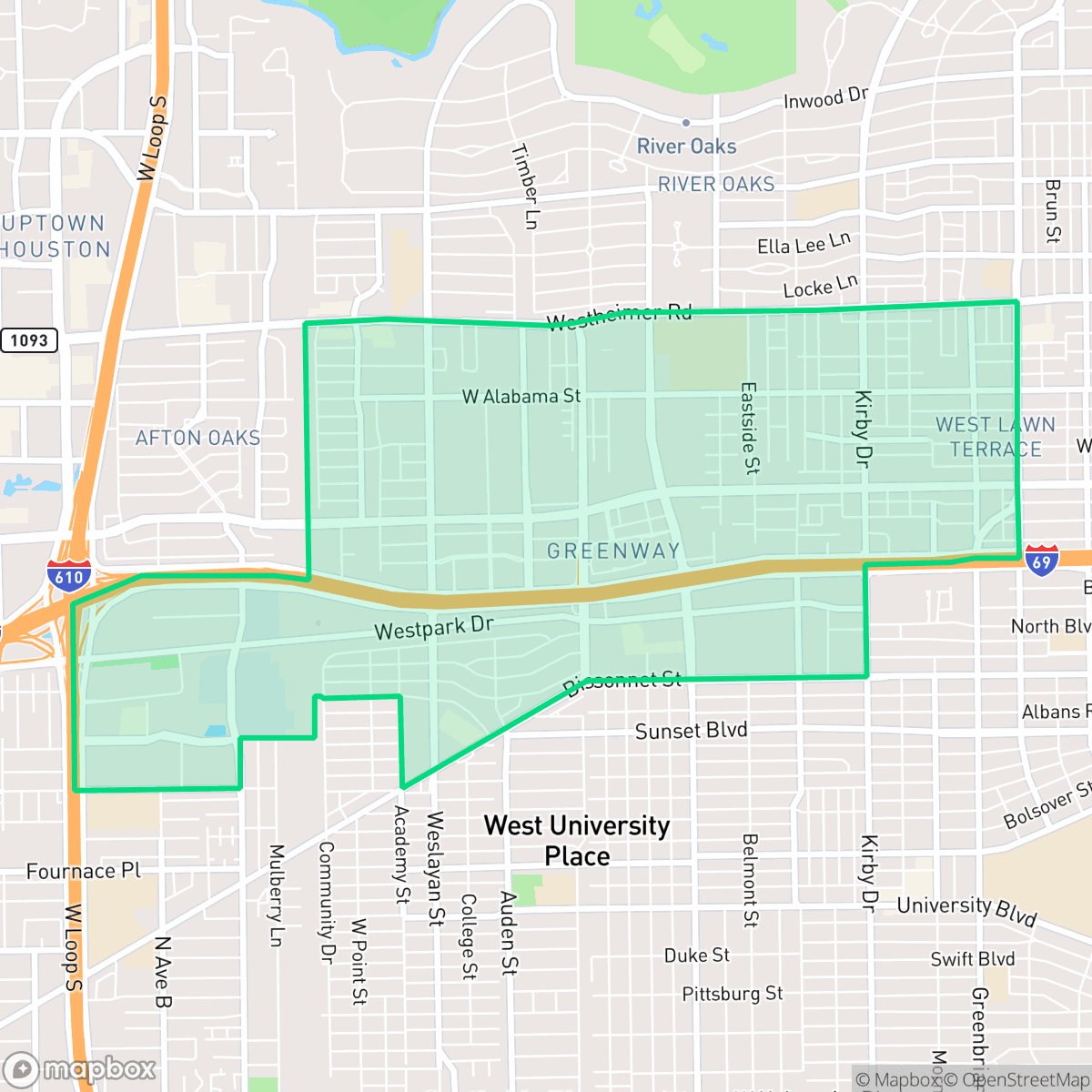Map showing the location of Greenway - Upper Kirby Area, Houston, TX