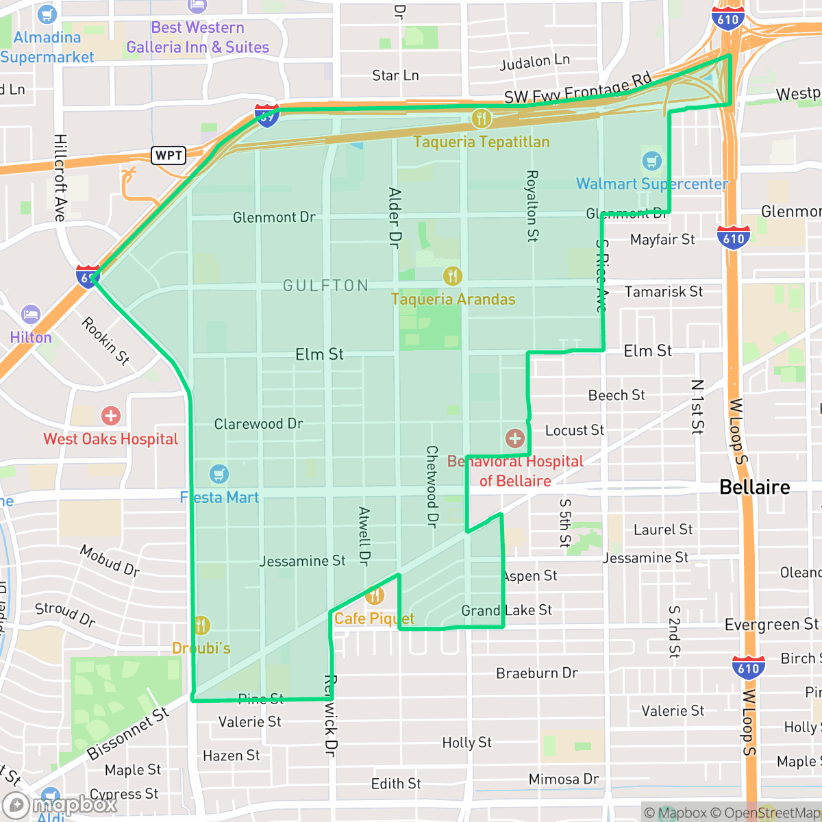 Map showing the location of Gulfton, Houston, TX