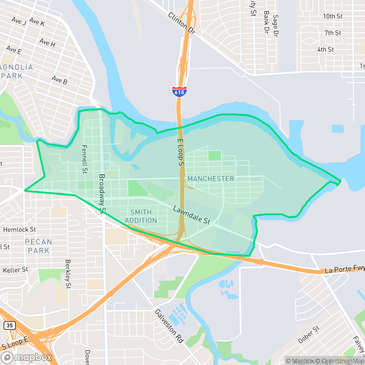 Map showing the location of Harrisburg - Manchester, Houston, TX