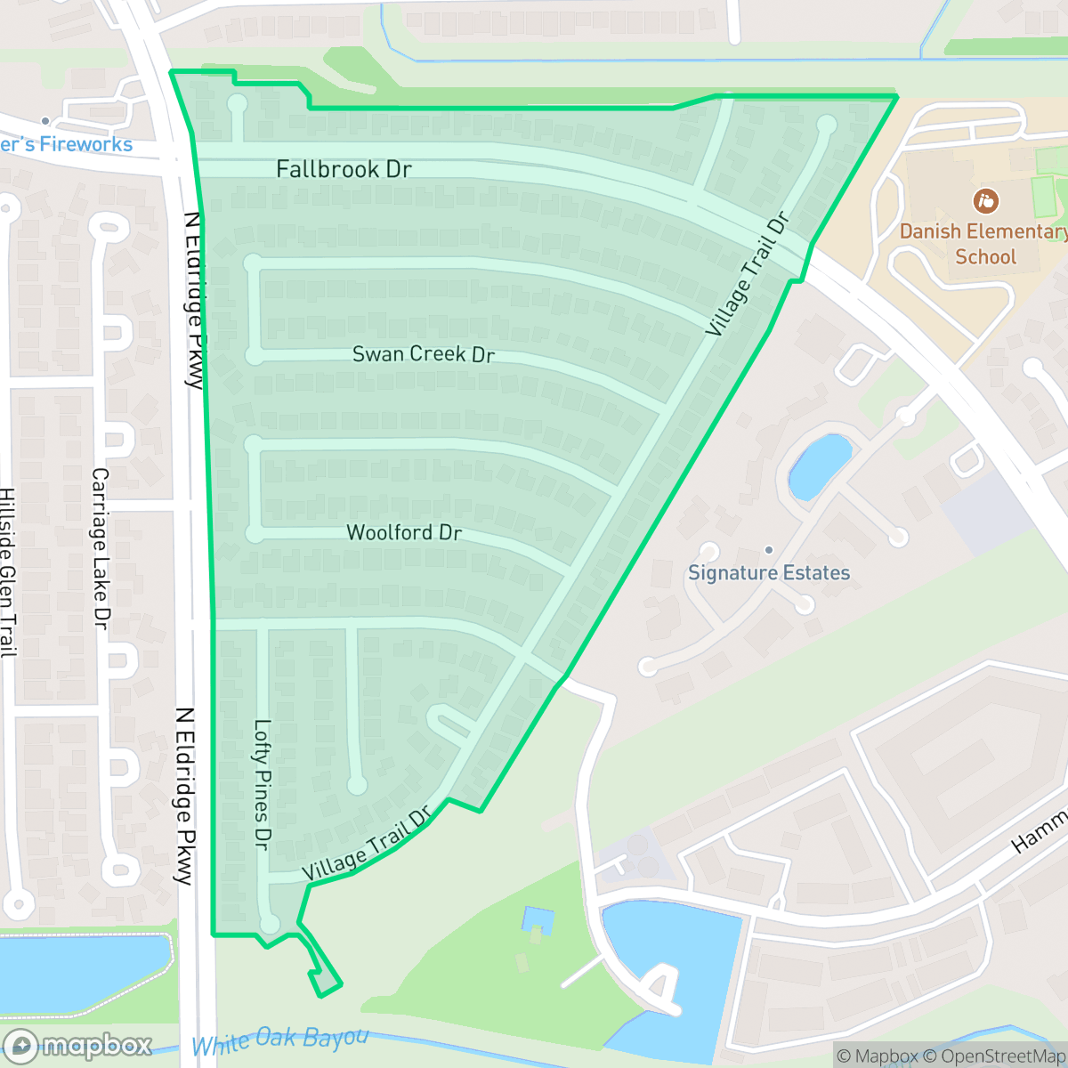 Map showing the location of Hastings Green, Houston, TX
