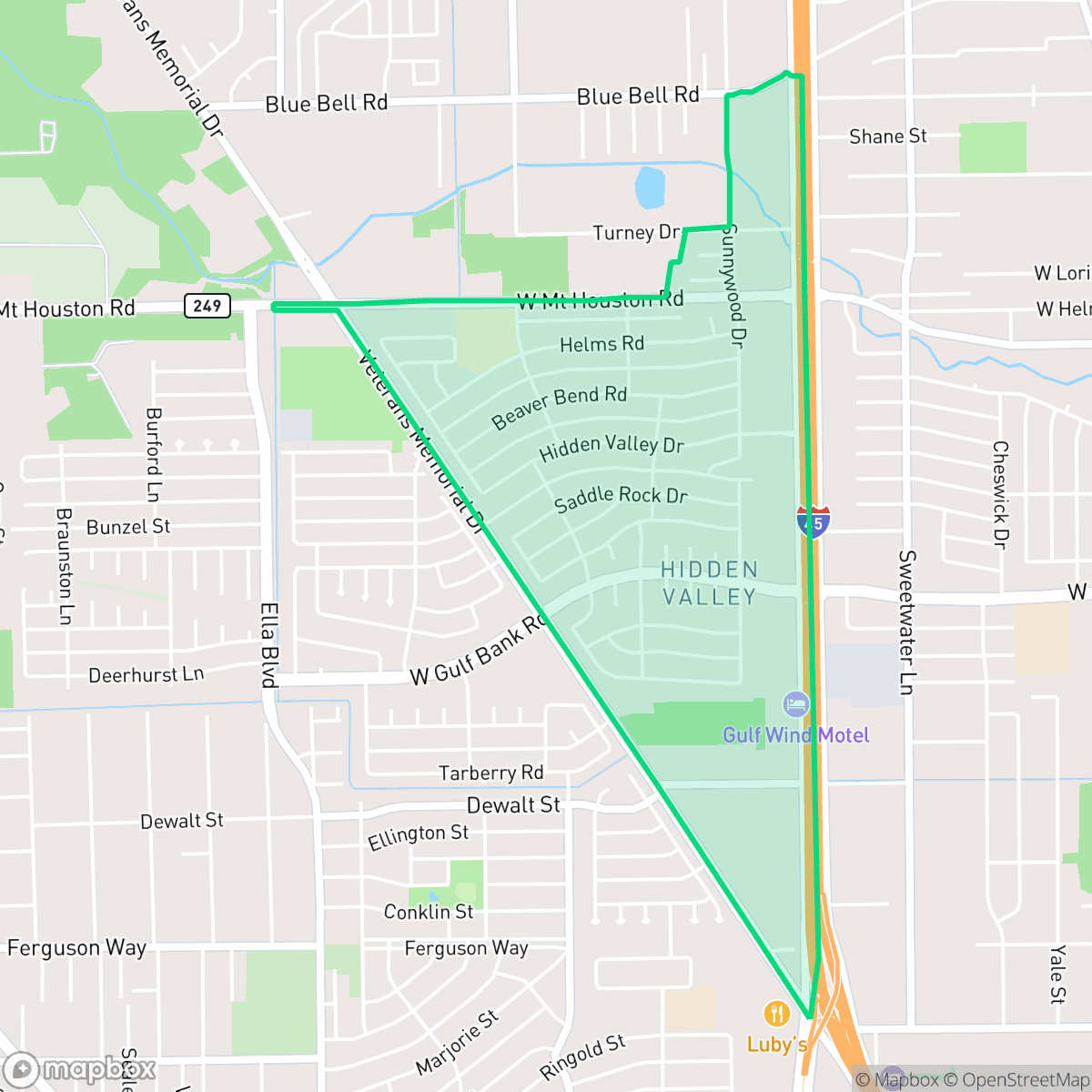 Map showing the location of Hidden Valley, Houston, TX