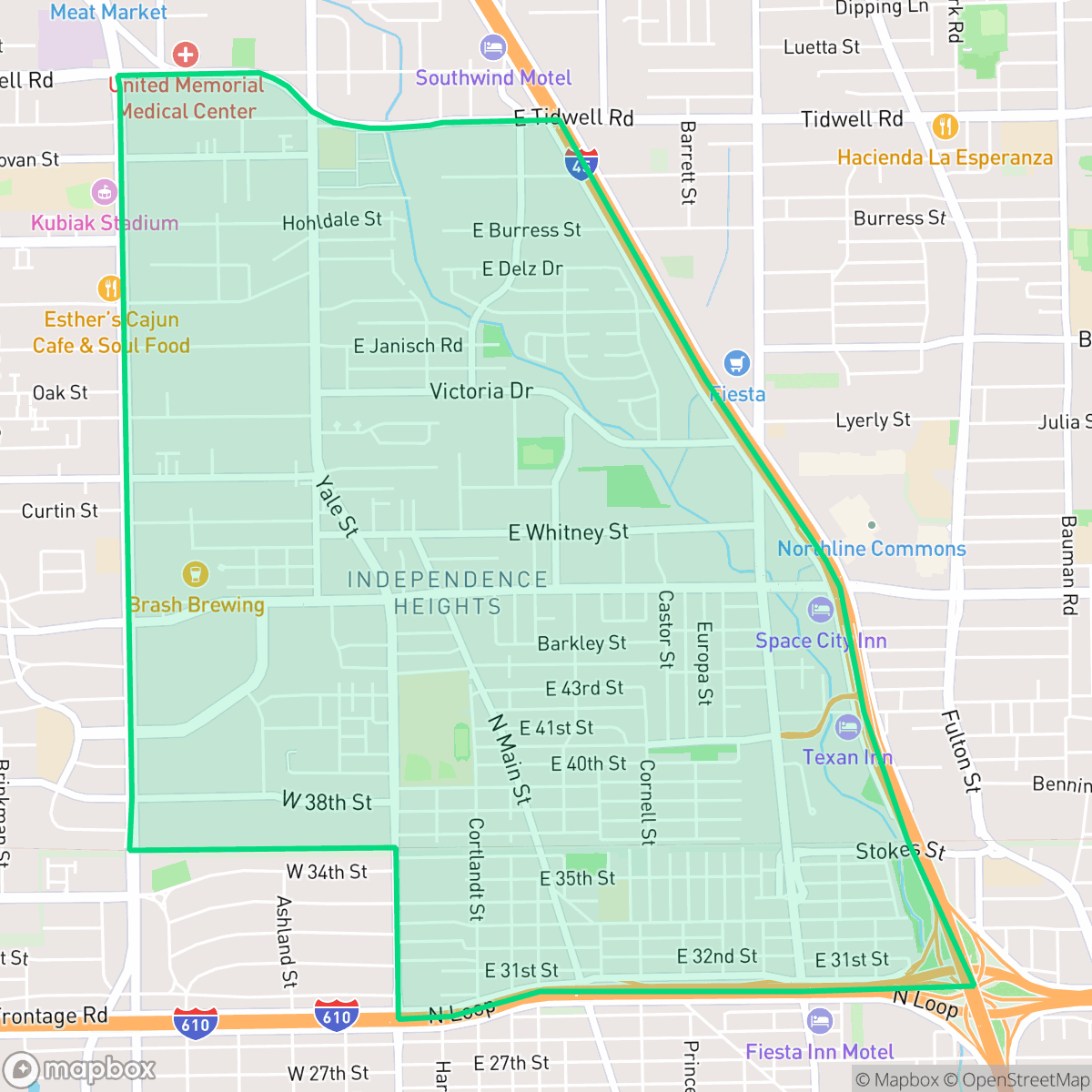 Map showing the location of Independence Heights, Houston, TX