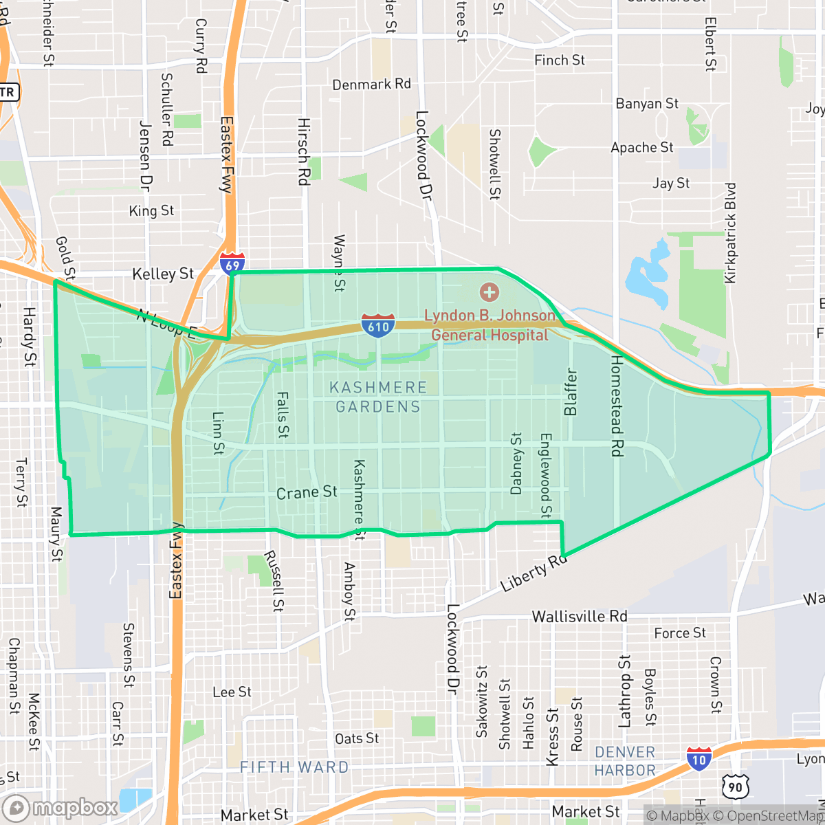 Map showing the location of Kashmere Gardens, Houston, TX