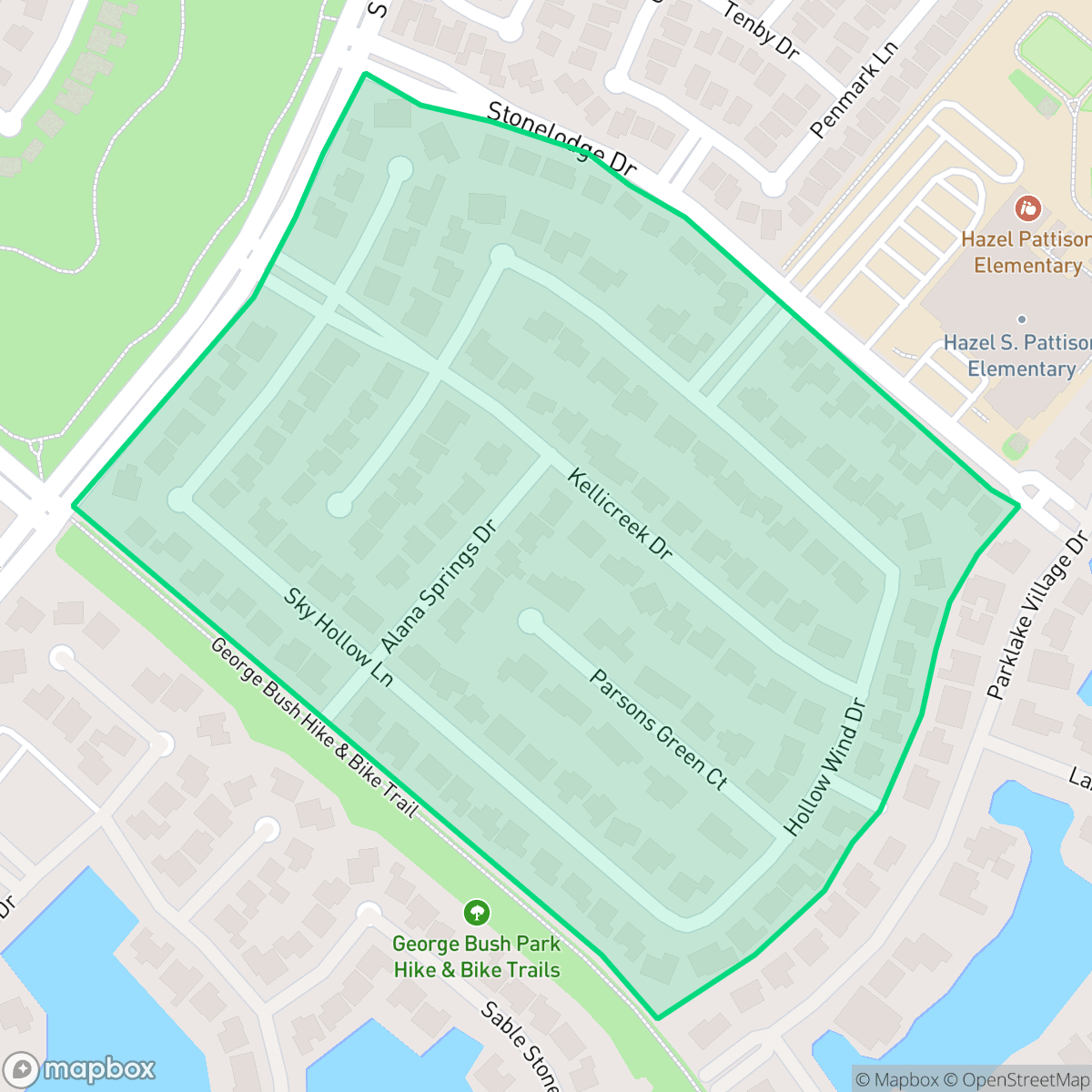 Map showing the location of Kelliwood Estates, Houston, TX