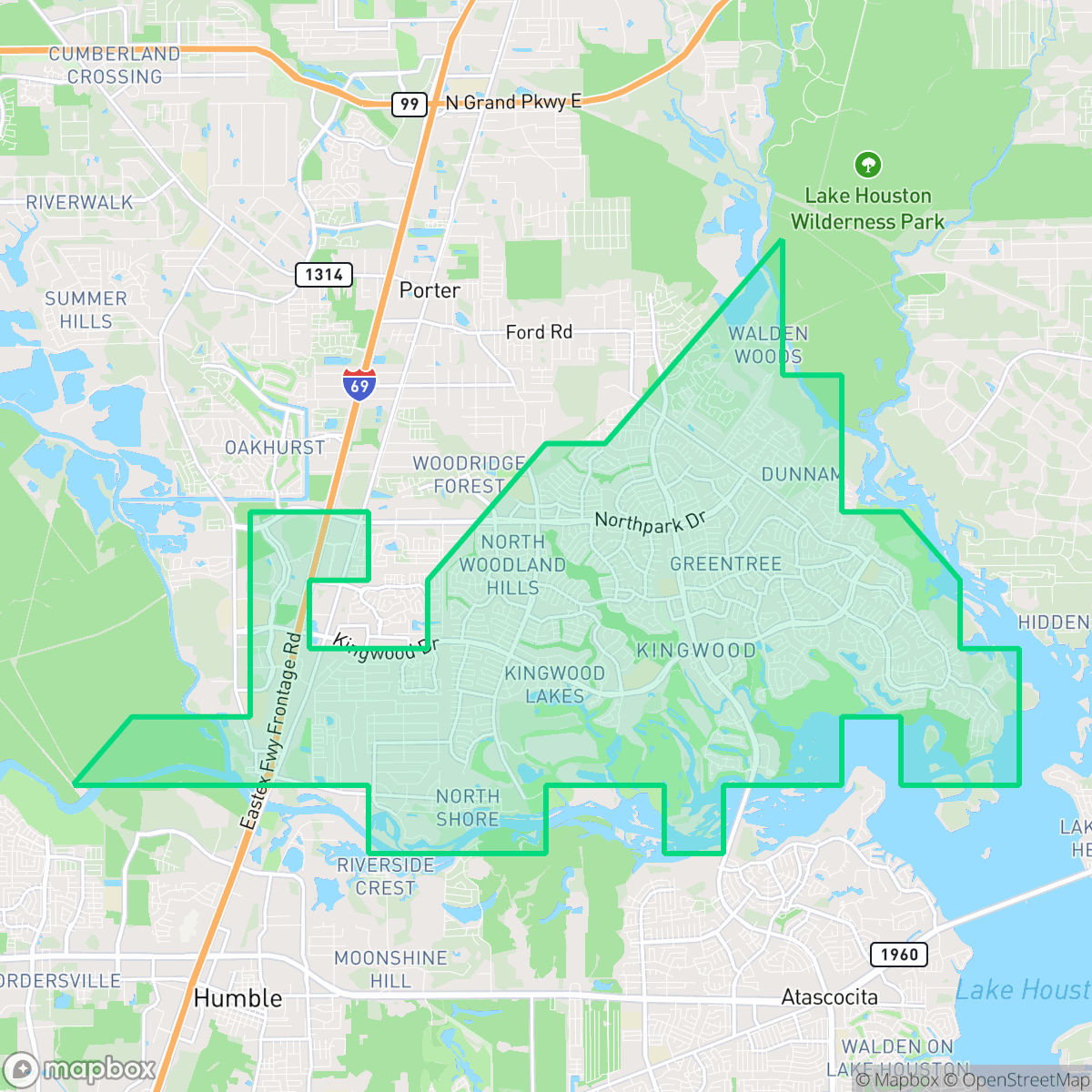 Map showing the location of Kingwood, Houston, TX