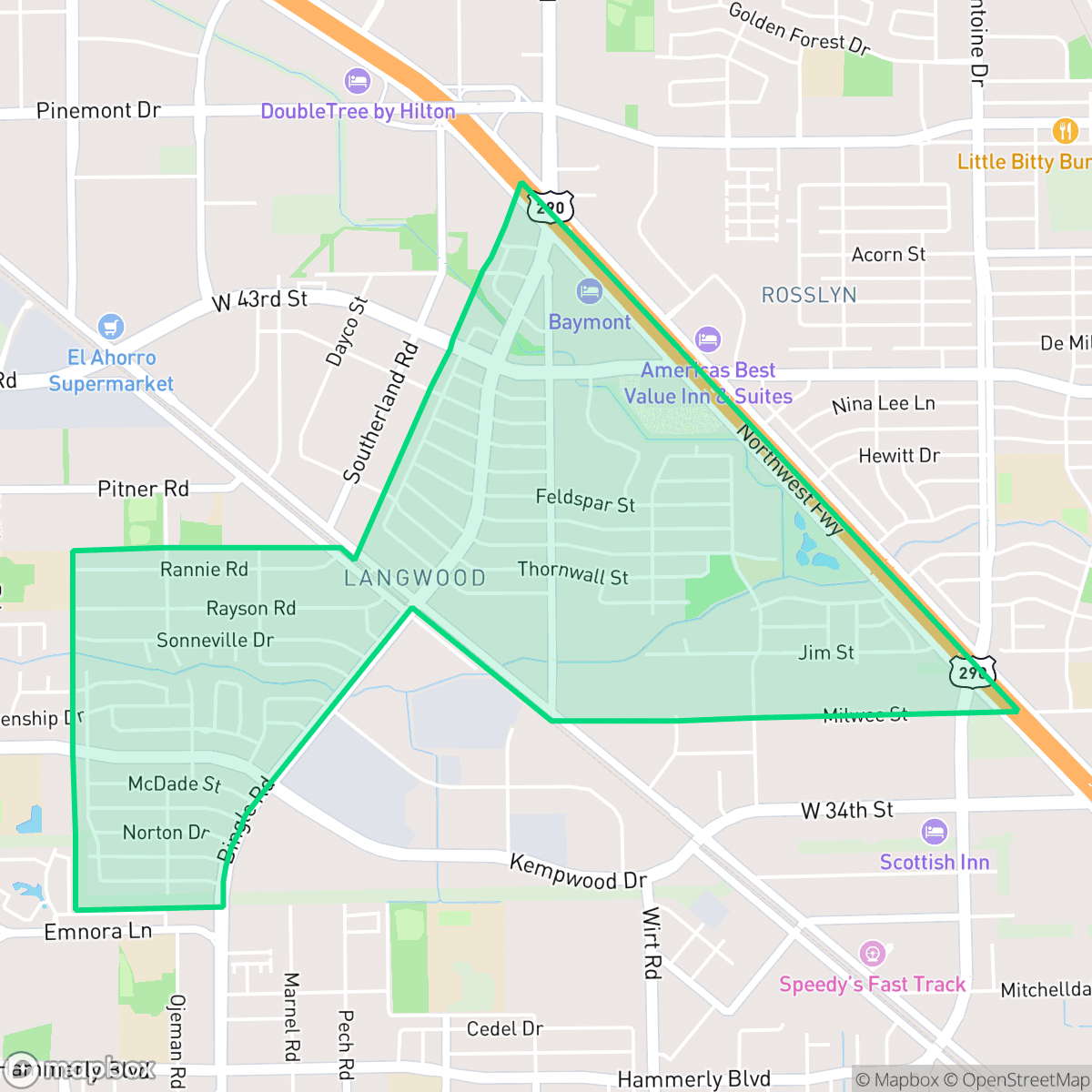 Map showing the location of Langwood, Houston, TX
