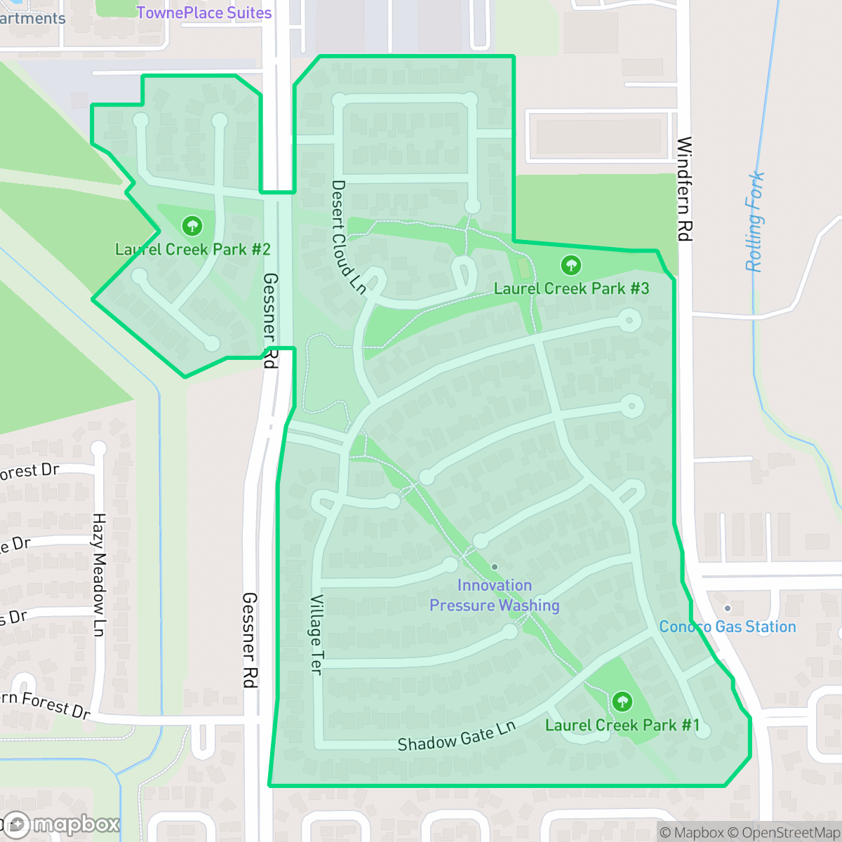 Map showing the location of Laurel Creek, Houston, TX