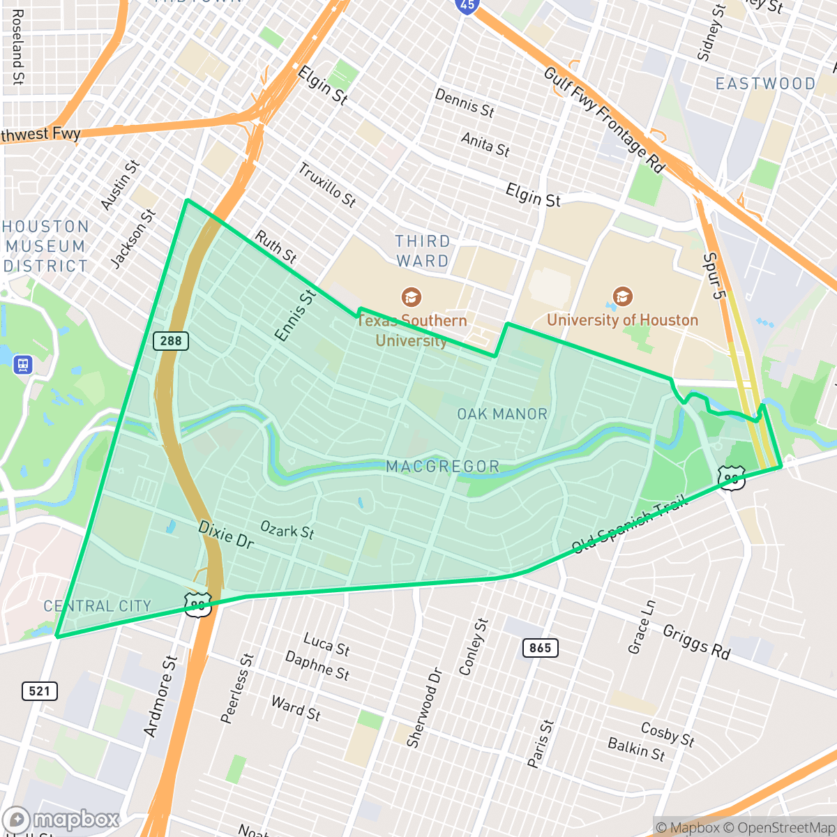 Map showing the location of Macgregor, Houston, TX
