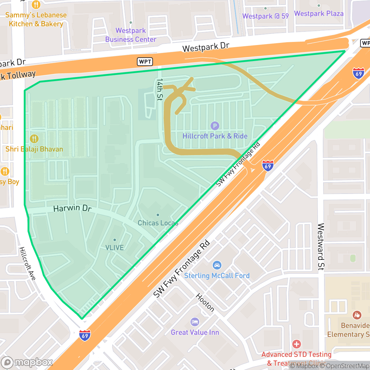 Map showing the location of Mahatma Gandhi District, Houston, TX