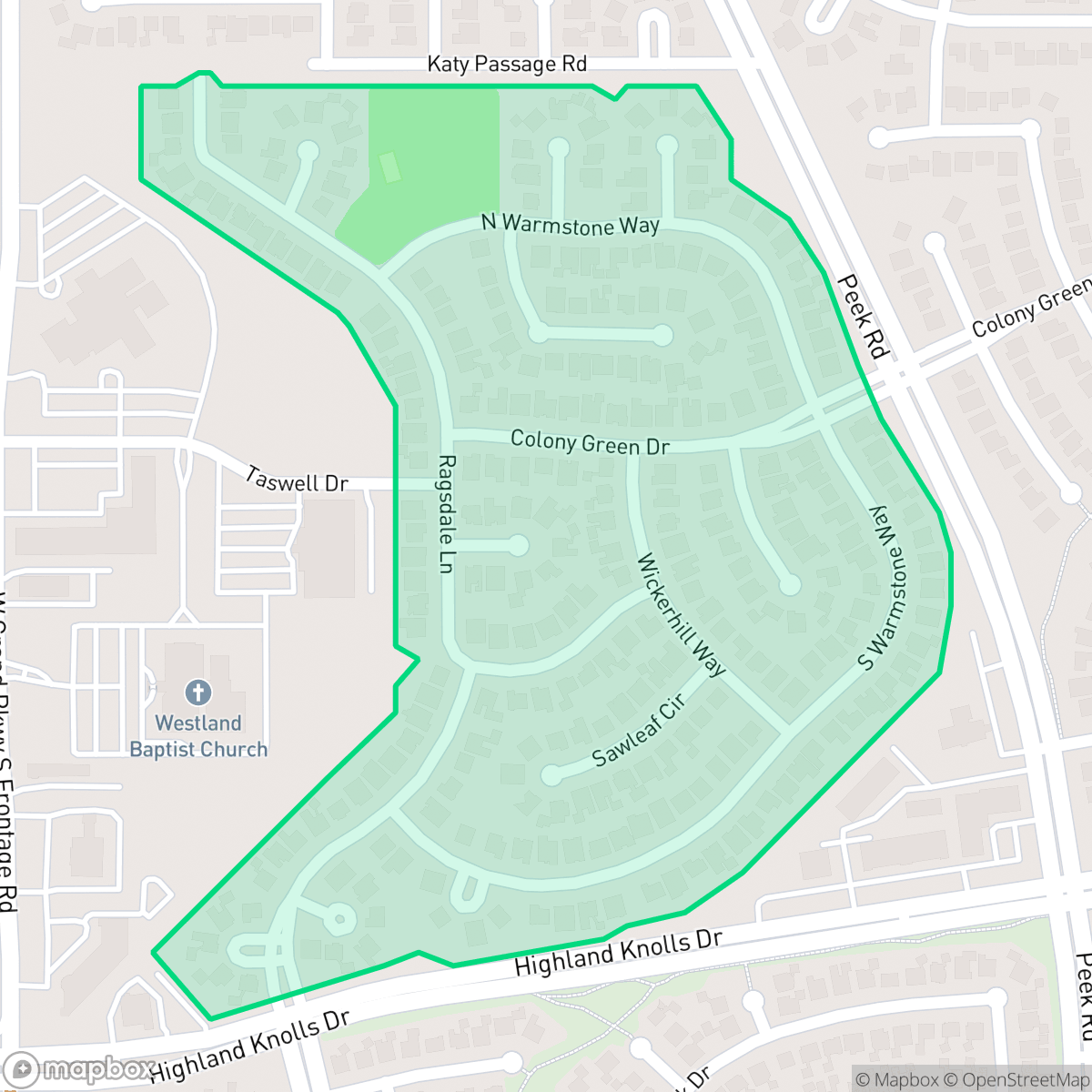 Map showing the location of Meadow Green, Houston, TX