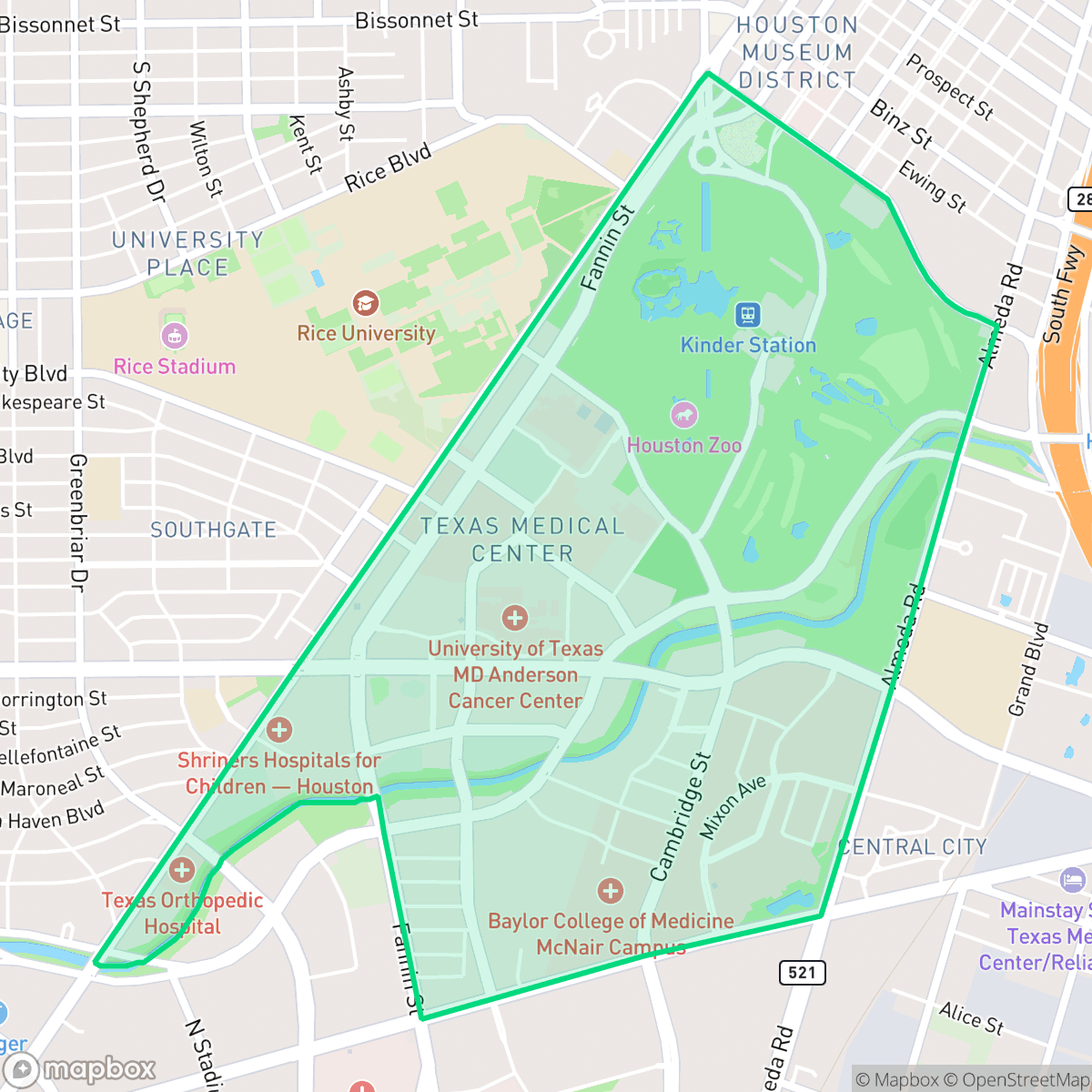 Map showing the location of Medical Center Area, Houston, TX