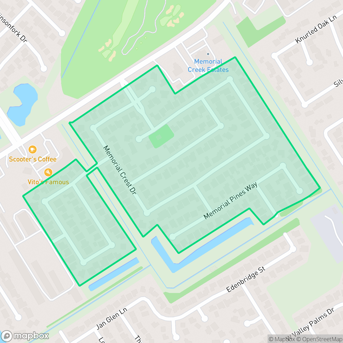 Map showing the location of Memorial Creek Estates, Houston, TX