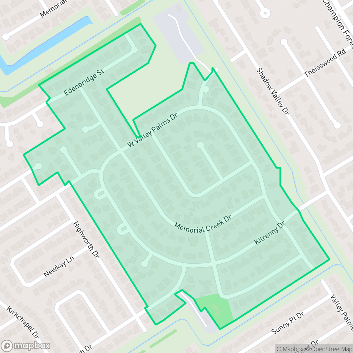 Map showing the location of Memorial Creek, Houston, TX