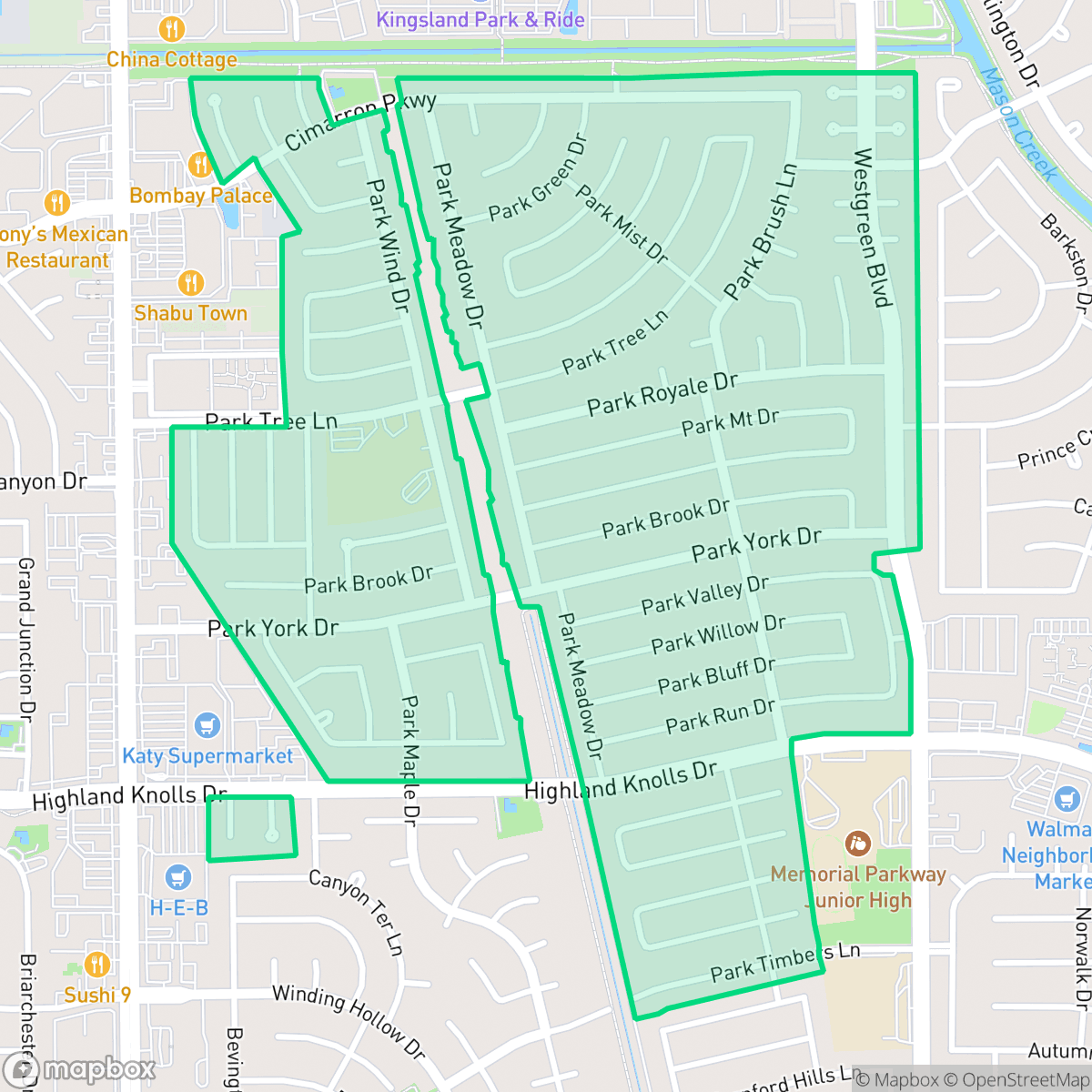Map showing the location of Memorial Parkway, Houston, TX