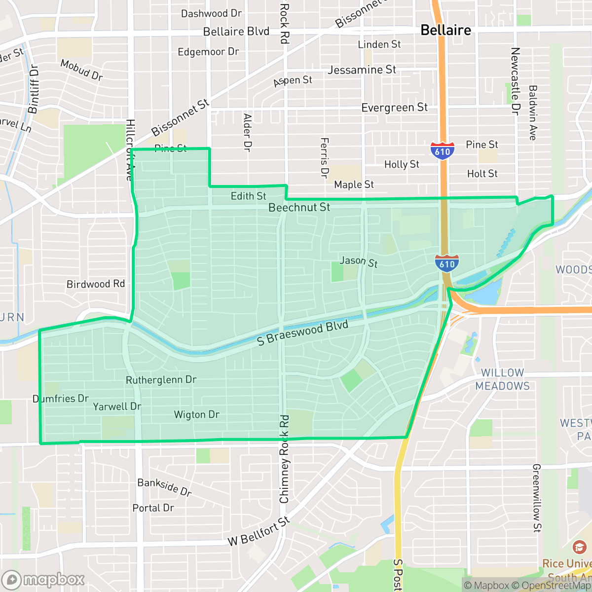 Map showing the location of Meyerland Area, Houston, TX