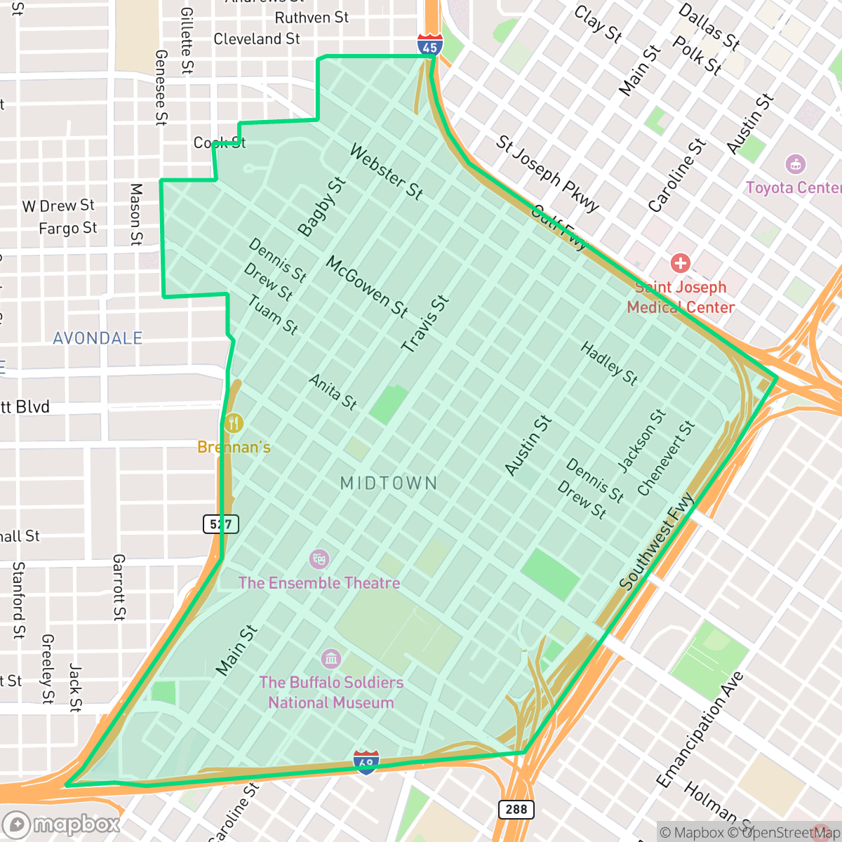 Map showing the location of Midtown, Houston, TX