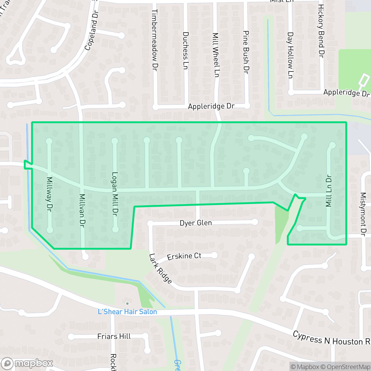 Map showing the location of Mill Ridge Estates, Houston, TX