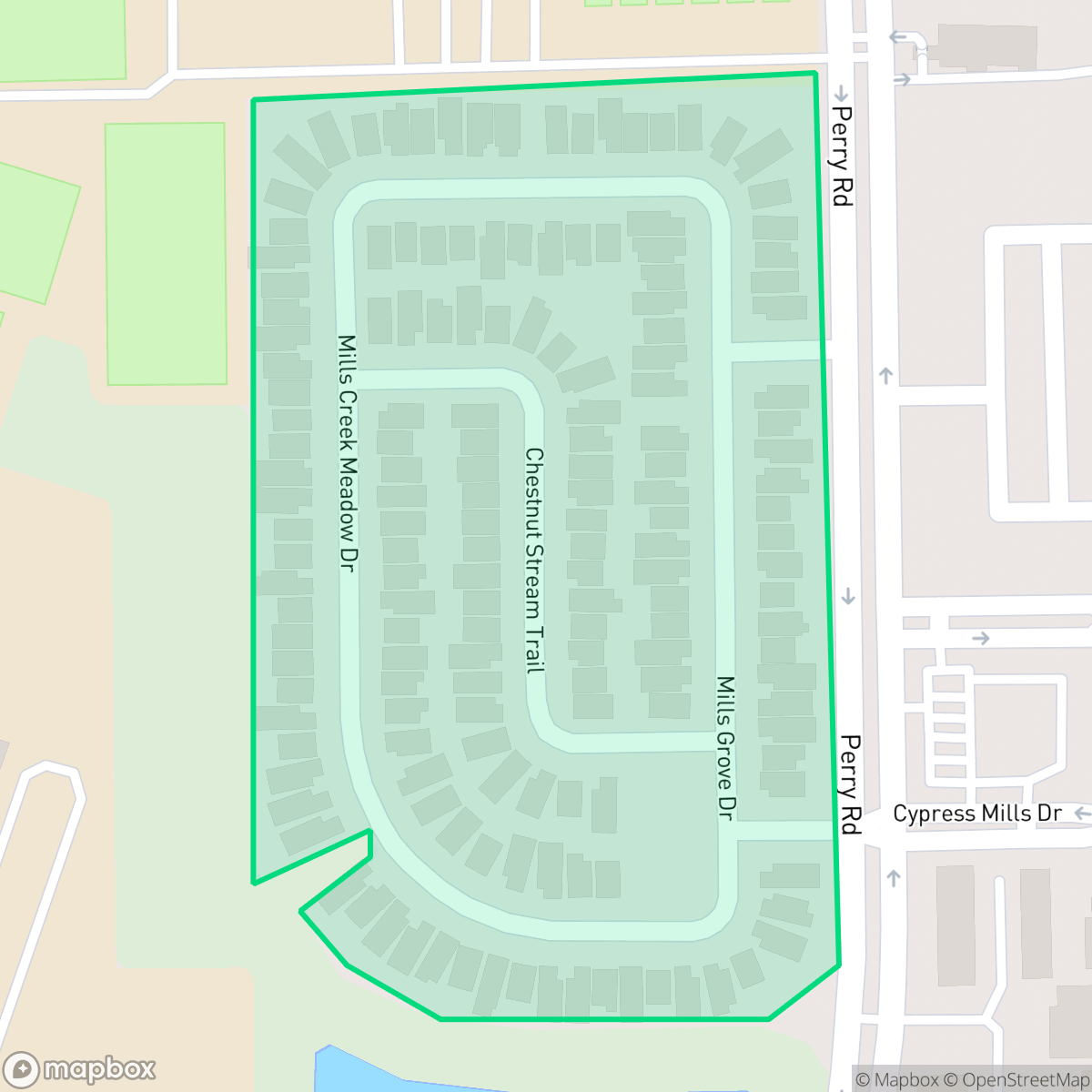 Map showing the location of Mills Creek Crossing, Houston, TX