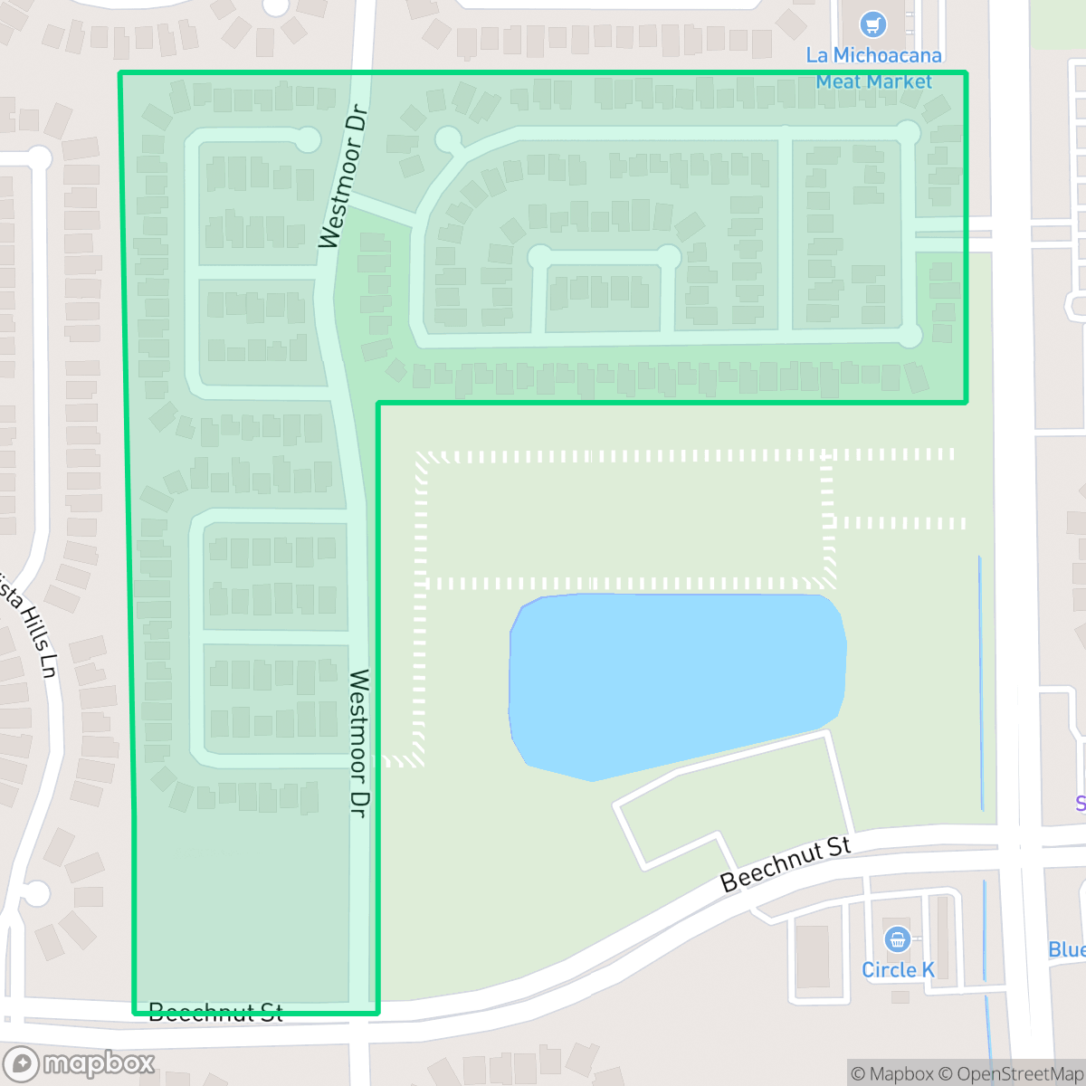 Map showing the location of Mission Oaks, Houston, TX