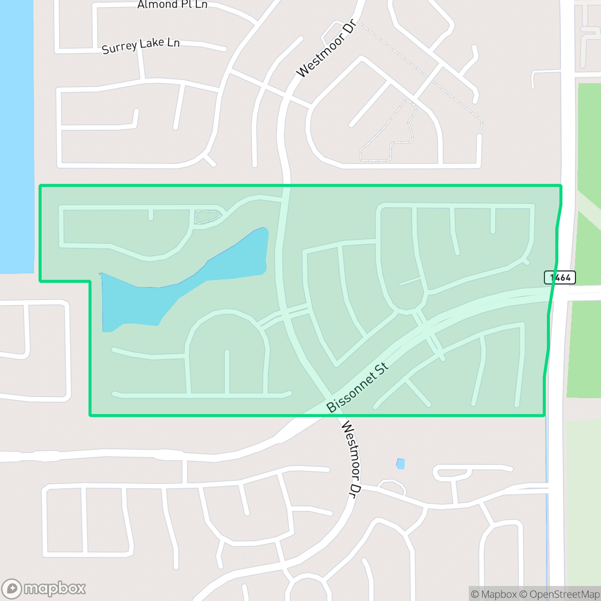 Map showing the location of Mission Trace, Houston, TX