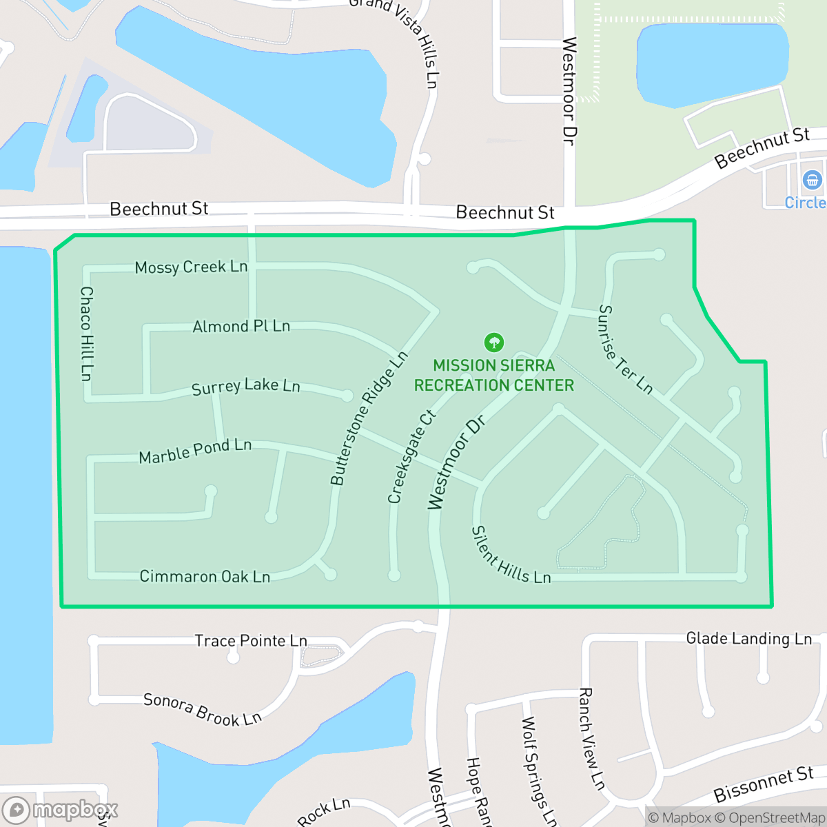 Map showing the location of Misson Sierra, Houston, TX