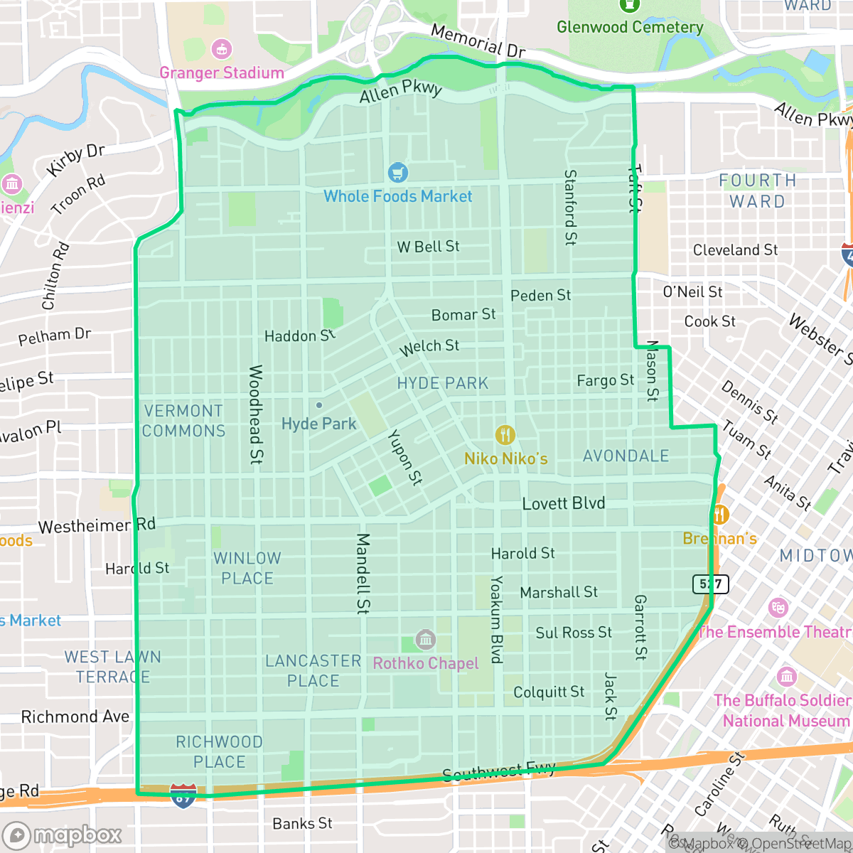 Map showing the location of Neartown - Montrose, Houston, TX