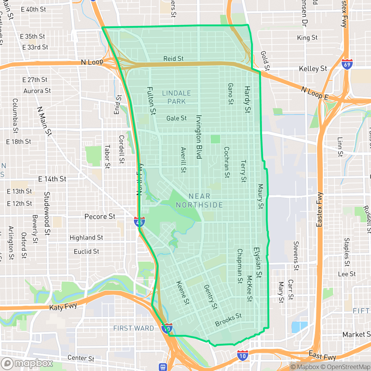 Map showing the location of Northside Village, Houston, TX