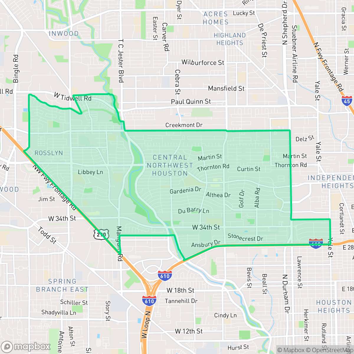 Map showing the location of Oak Forest - Garden Oaks, Houston, TX