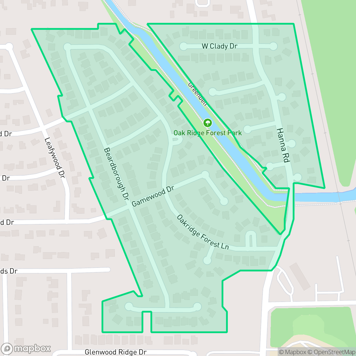 Map showing the location of Oak Ridge Forest, Houston, TX