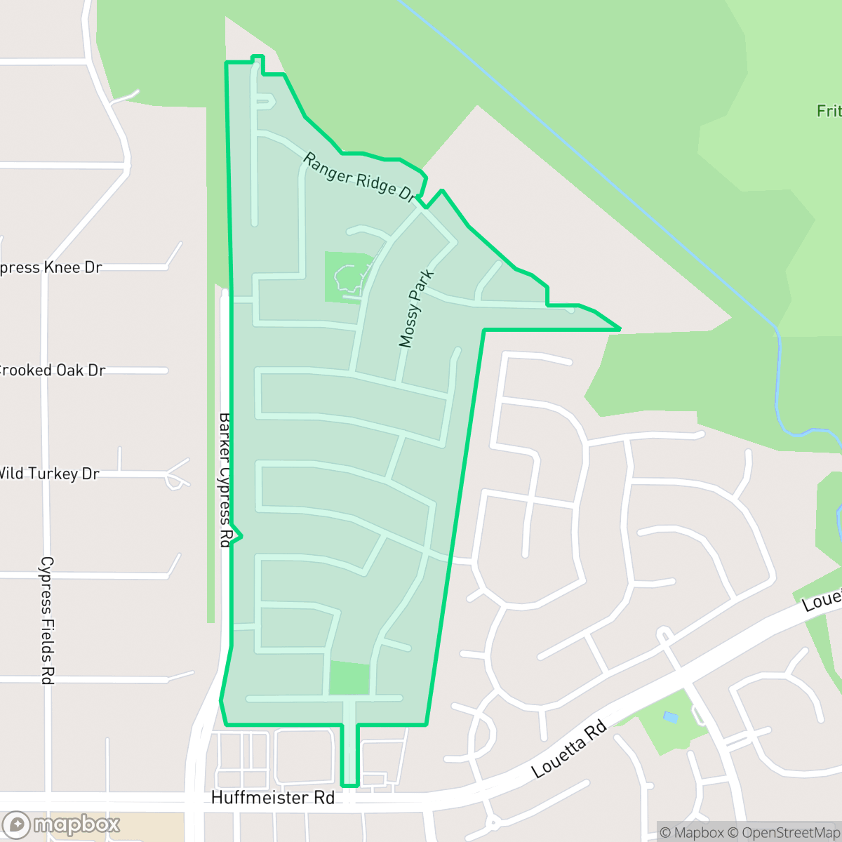 Map showing the location of Park Creek, Houston, TX