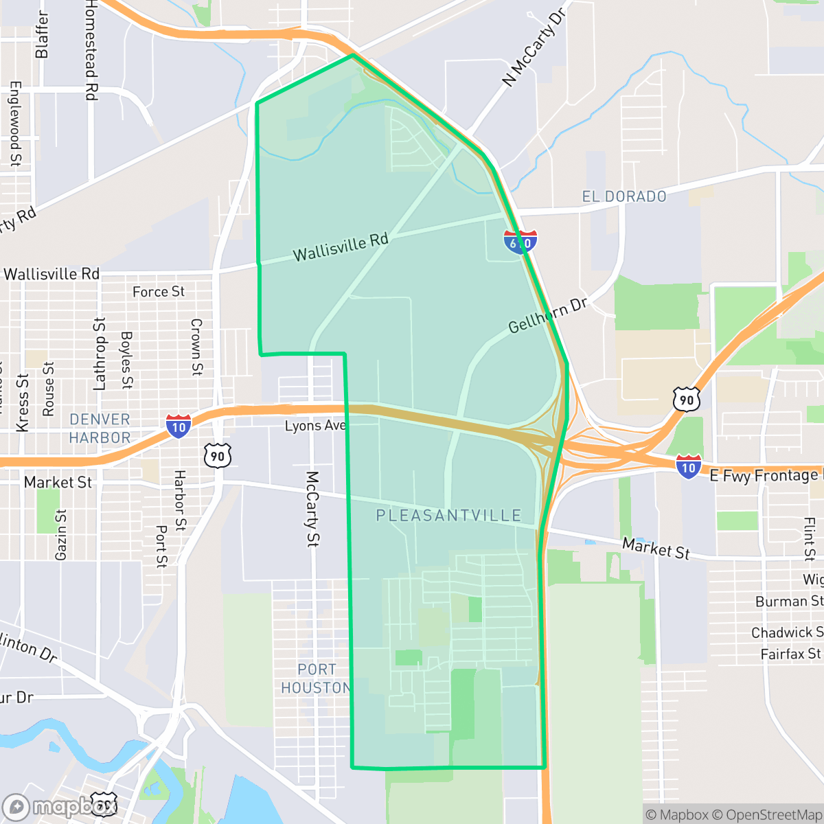 Map showing the location of Pleasantville Area, Houston, TX