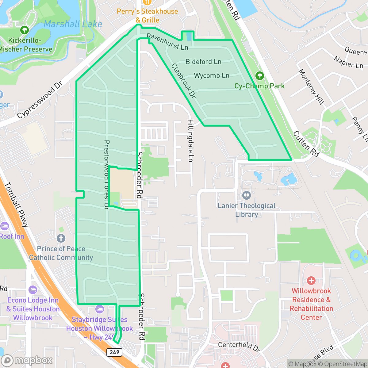 Map showing the location of Prestonwood Forest, Houston, TX