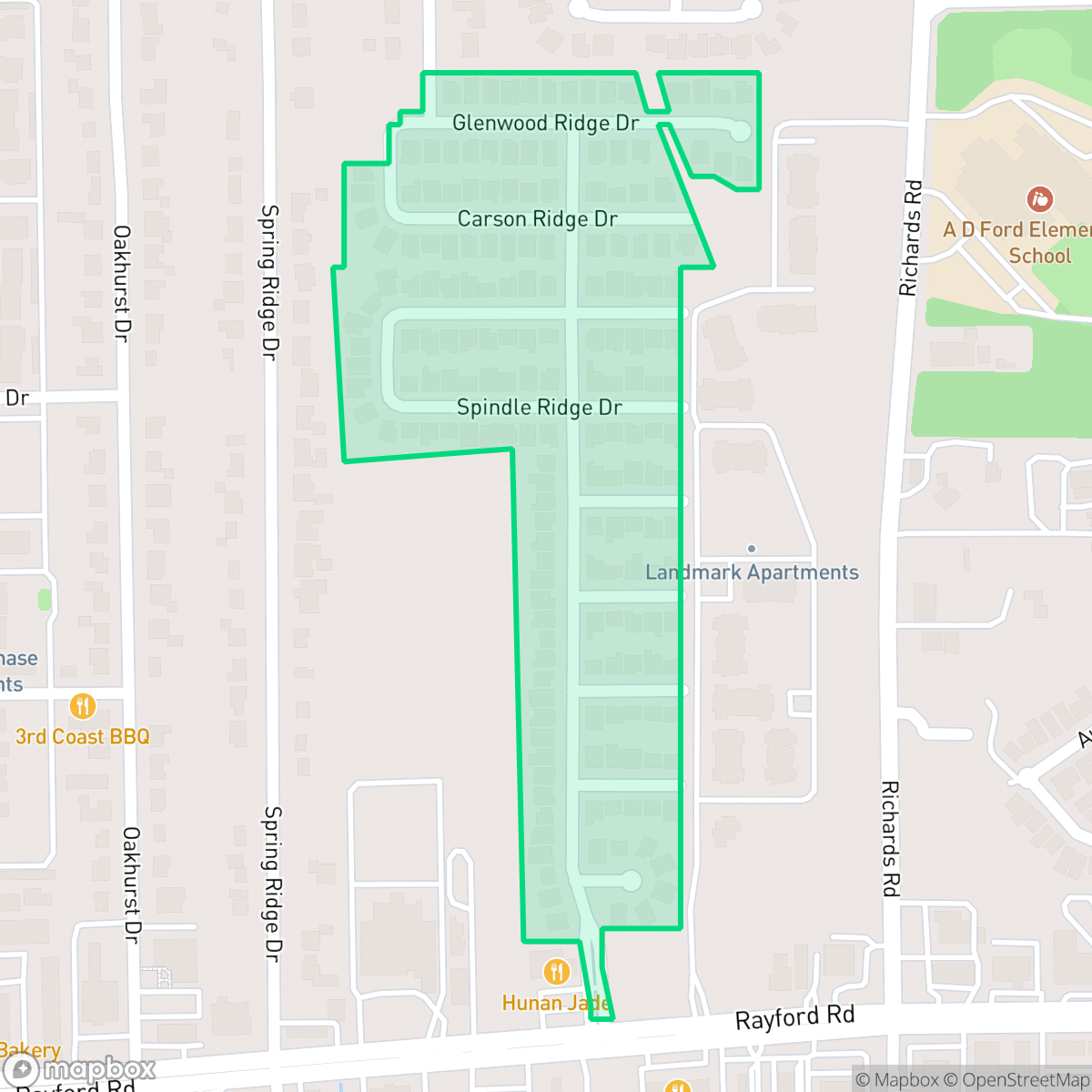 Map showing the location of Rayford Ridge, Houston, TX